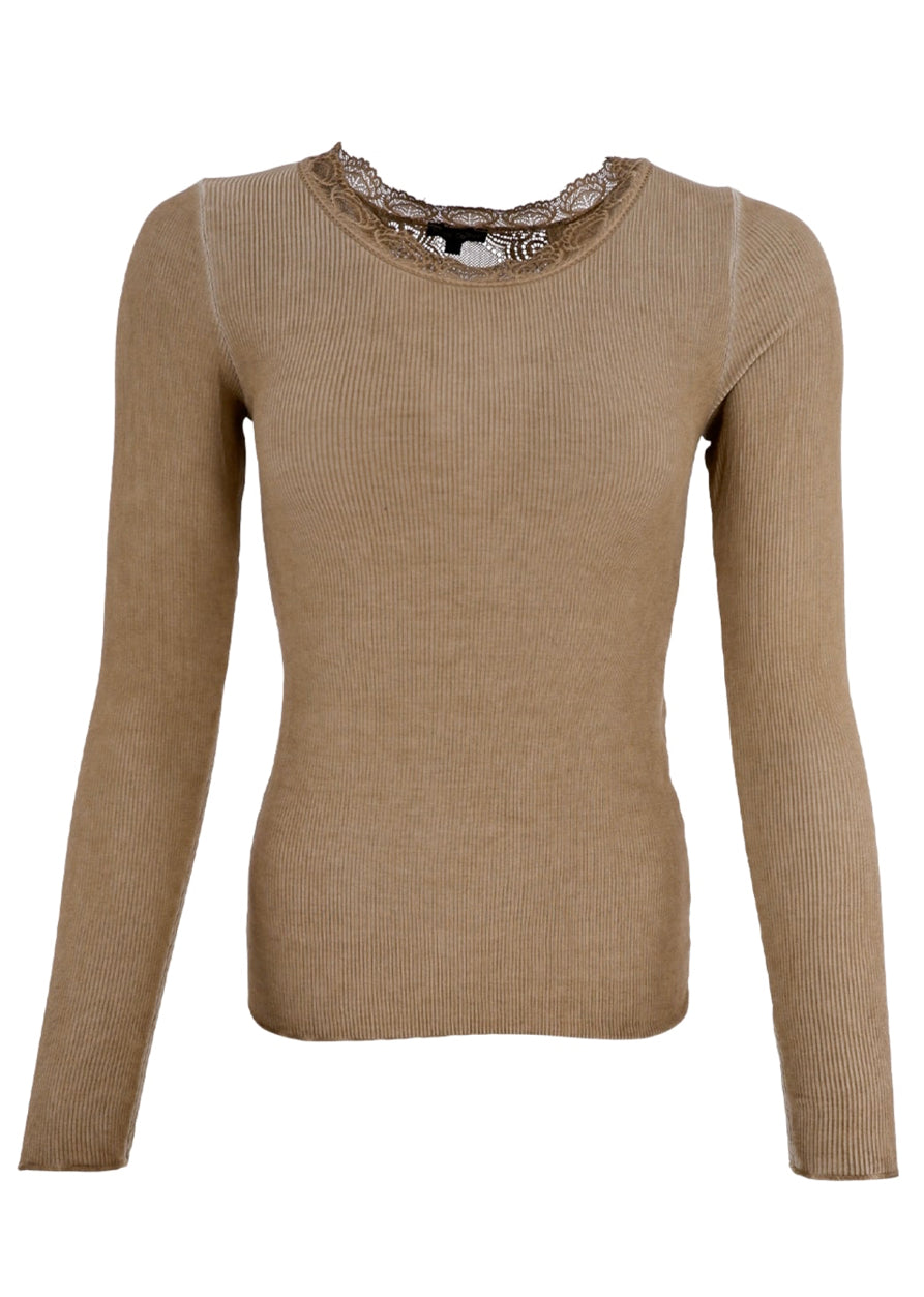 Lace trim long sleeve top taupe