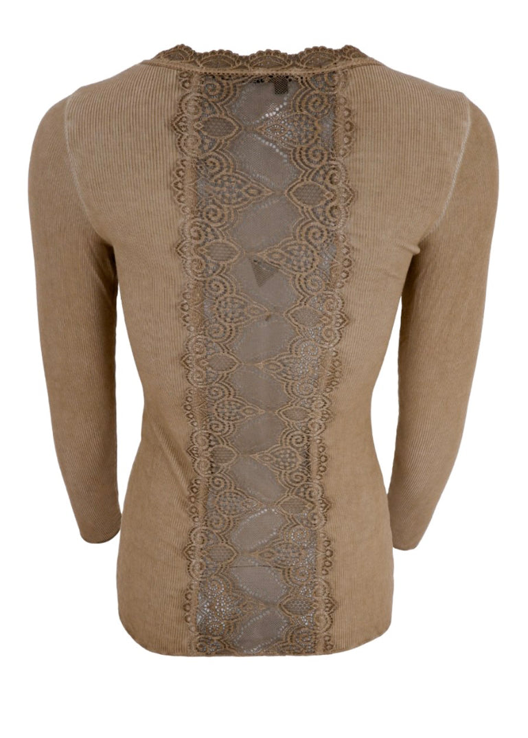 Lace trim long sleeve top taupe