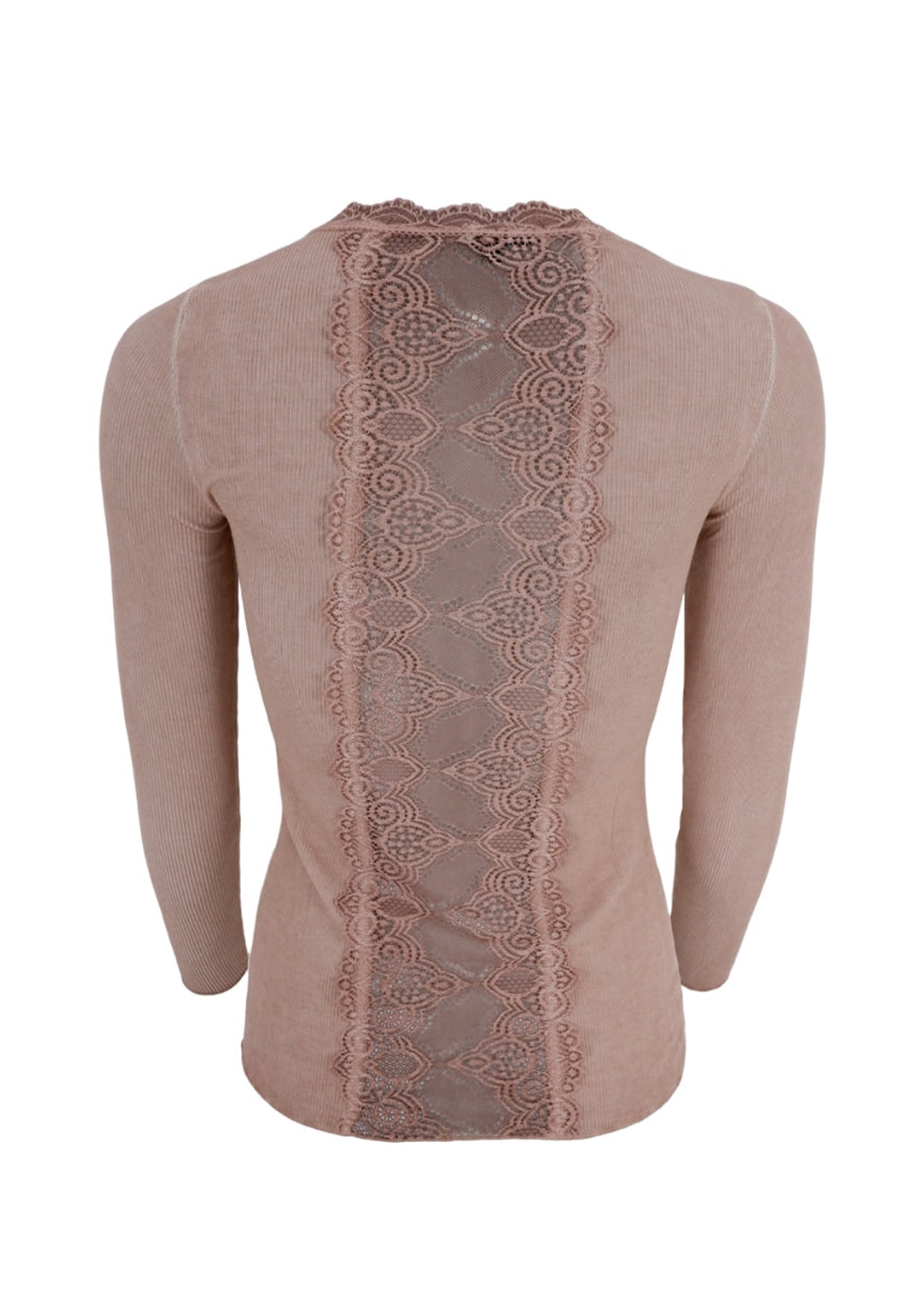 Lace trim long sleeve top blush