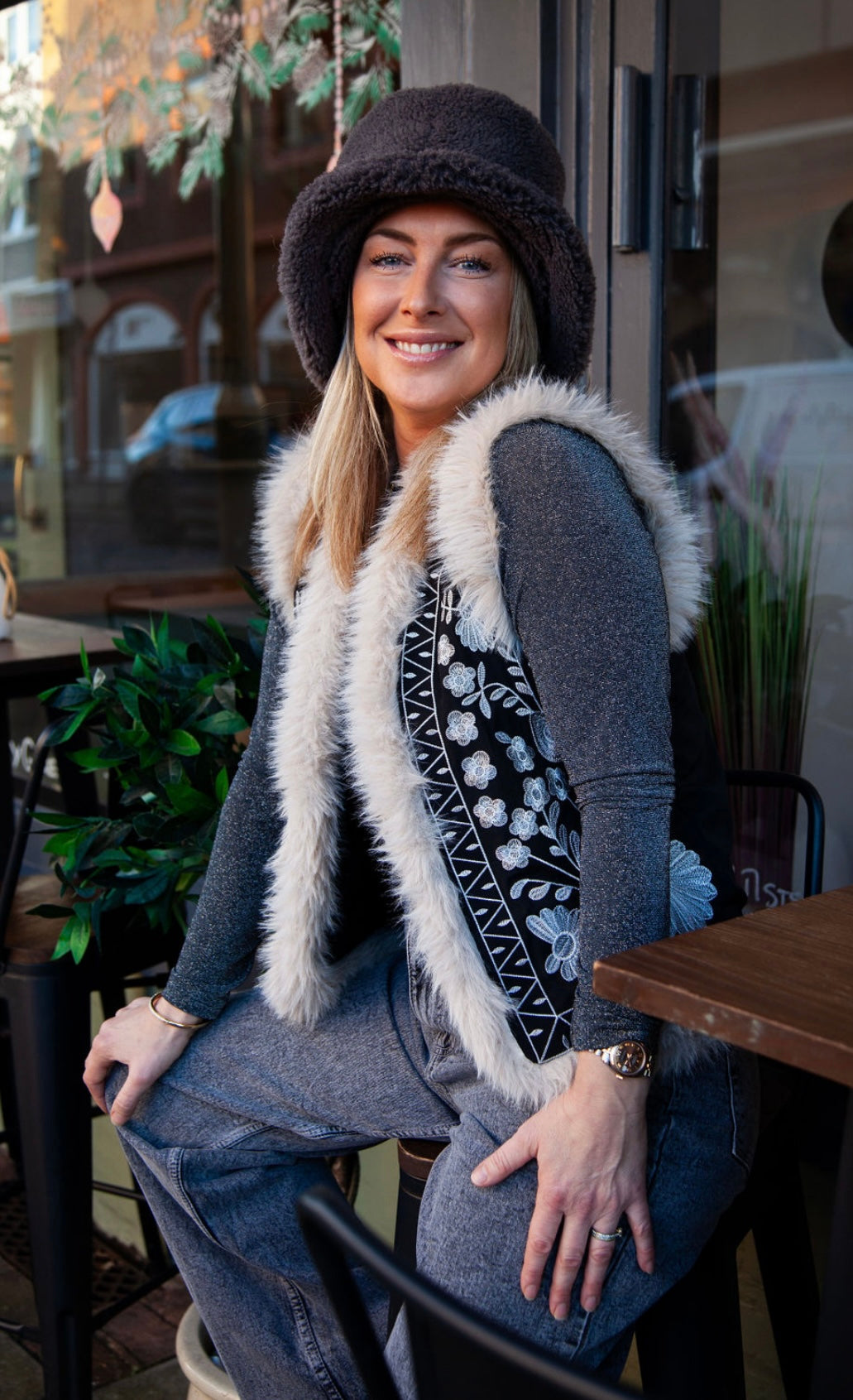 Embroidered fur line gilet