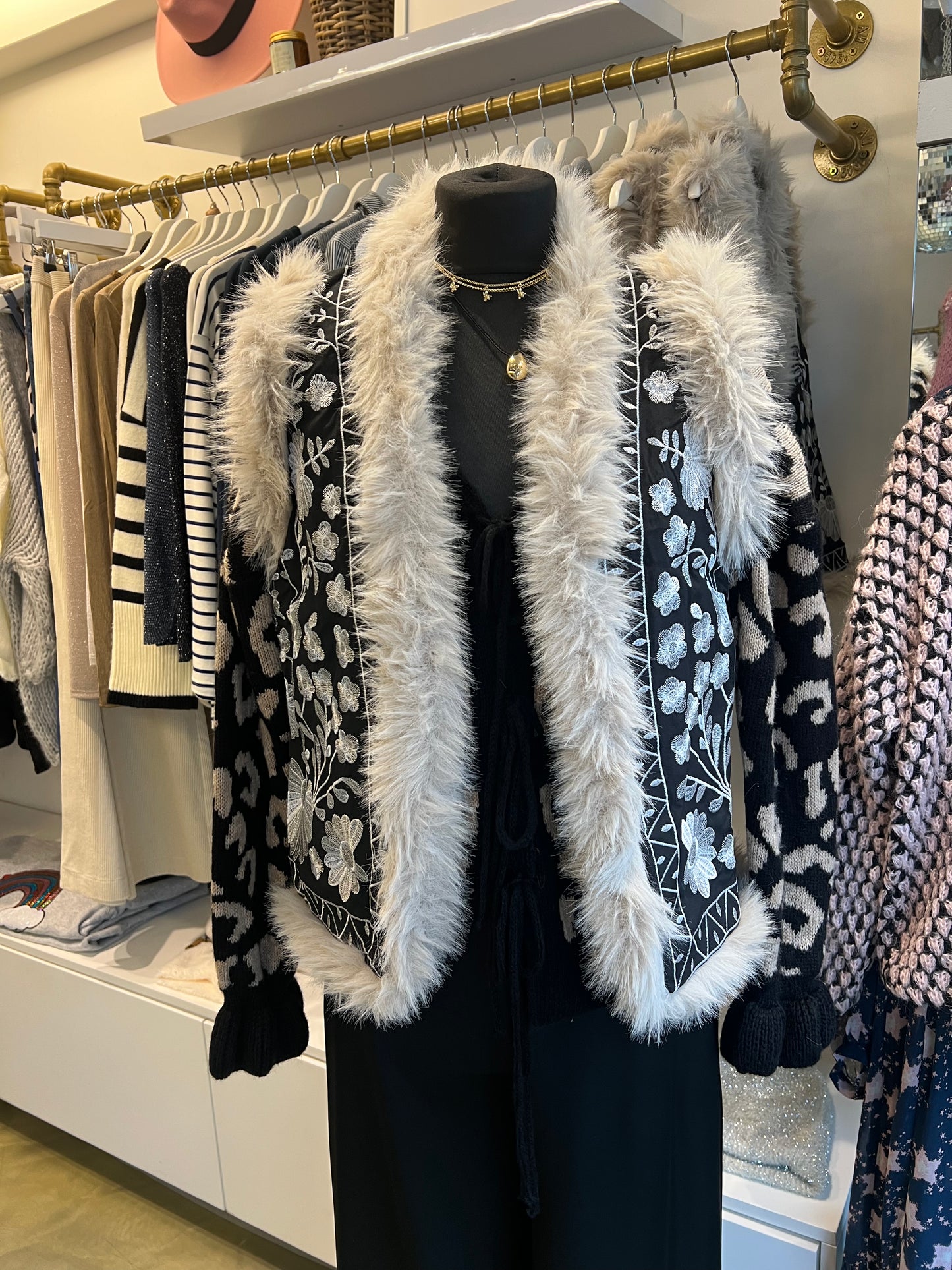 Embroidered fur line gilet
