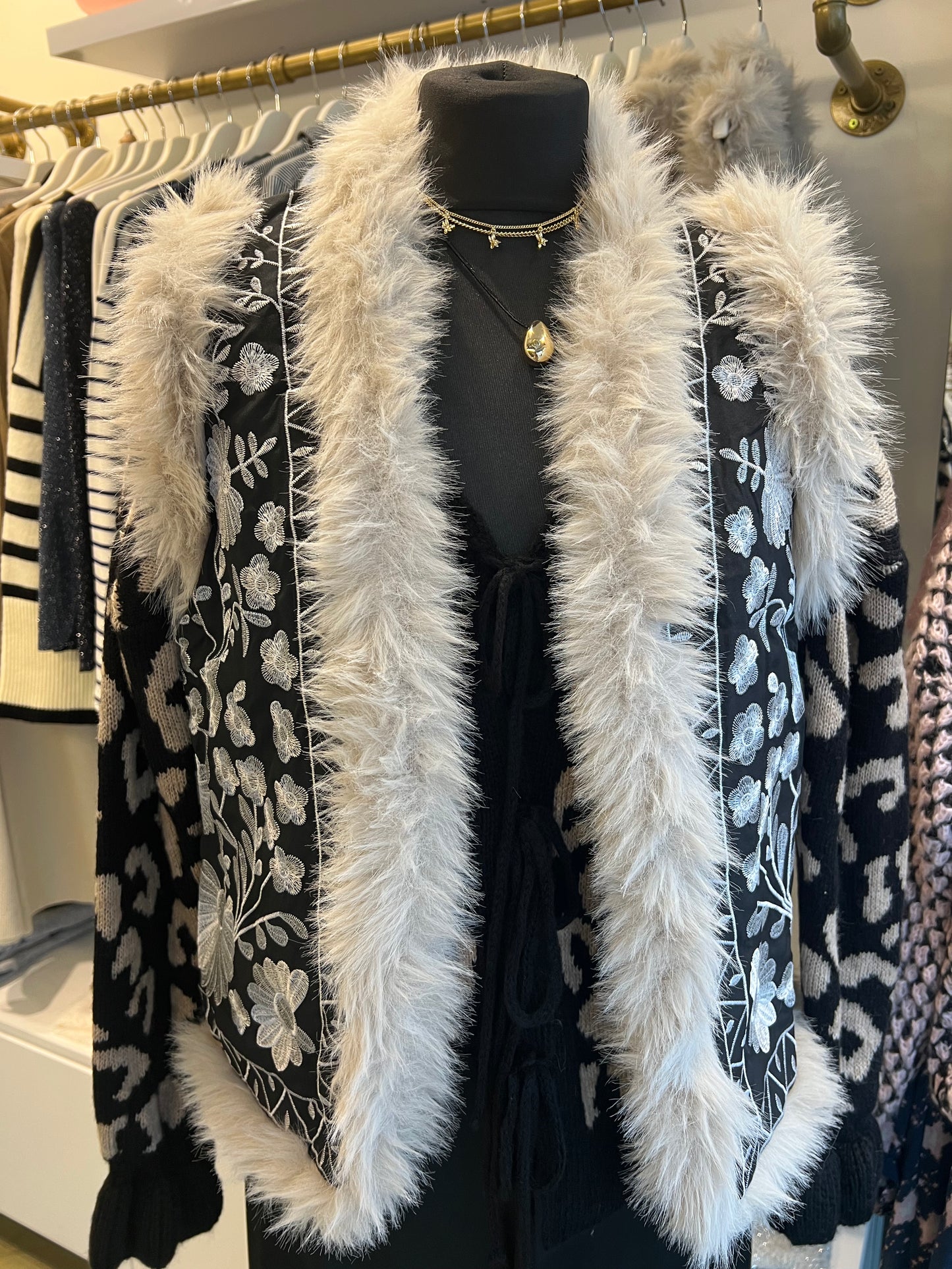 Embroidered fur line gilet
