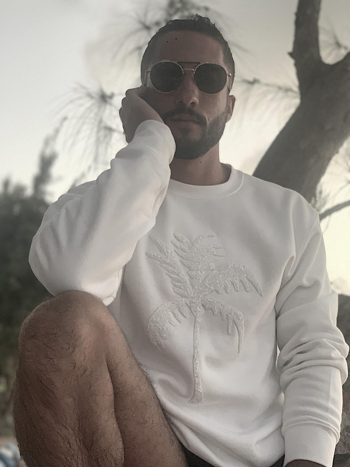 White Jersey Unisex Sequin Sweater - White Palm Tree