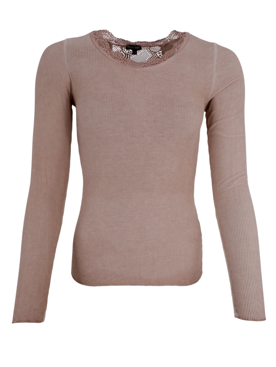 Lace trim long sleeve top blush