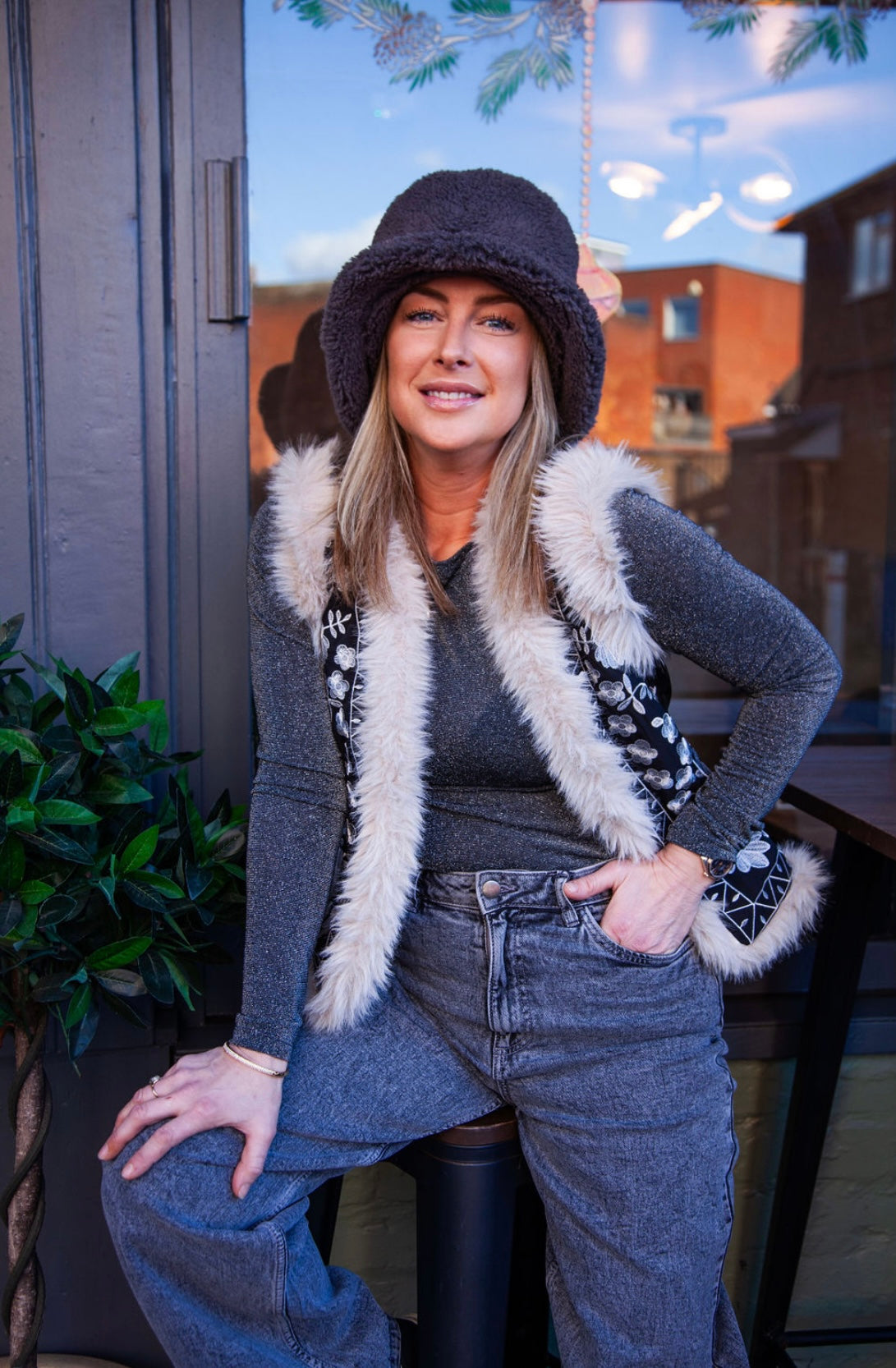 Embroidered fur line gilet